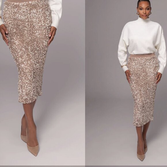 JLUXLABEL Dresses & Skirts - JLUXLABEL Taupe Nude Cream Sequin Midi Skirt - Small